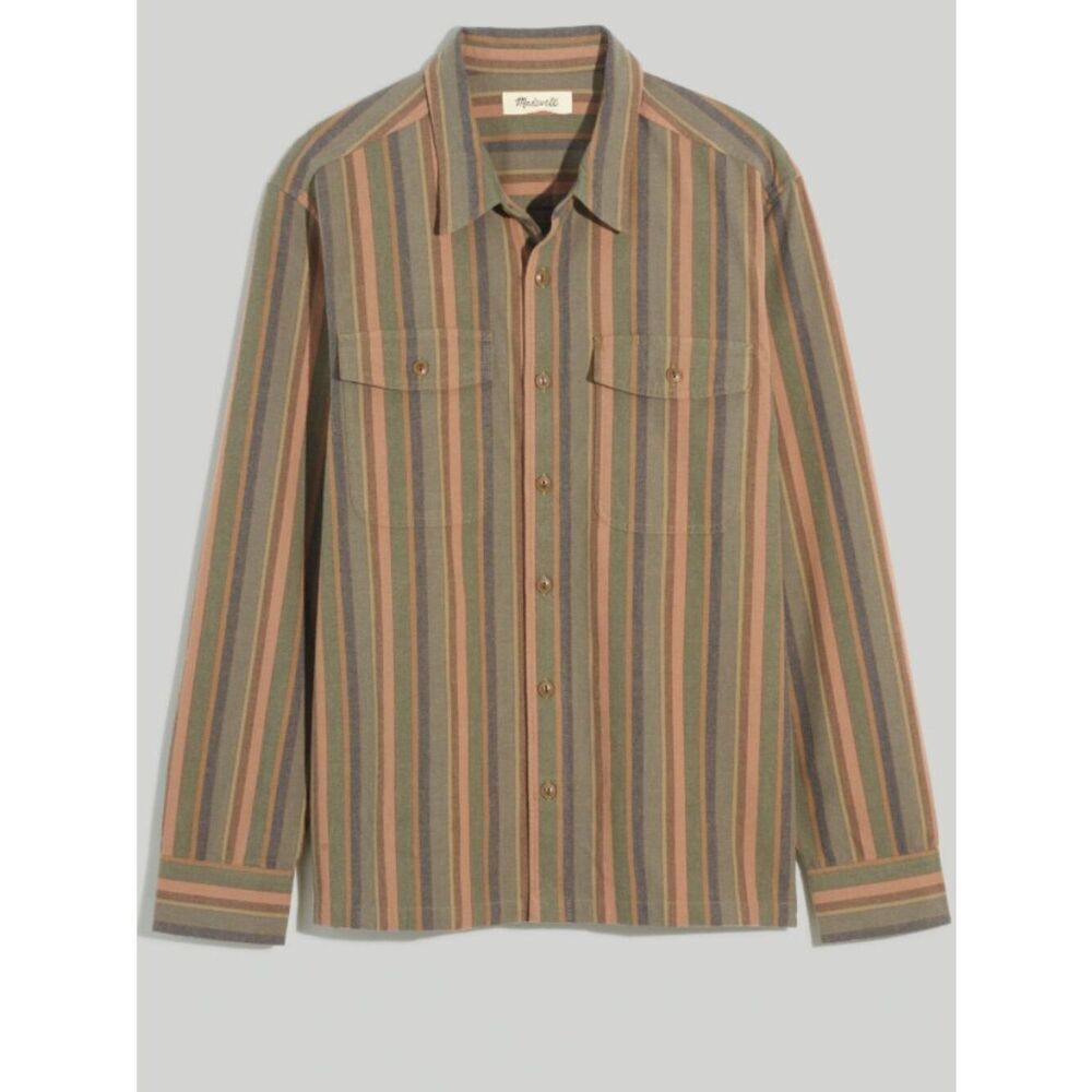 Madewell Green and Brown striped Boxy Shirt brushed cotton NWT size XXL